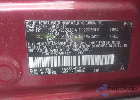 2019 Toyota Rav4 Le z USA, uszkodzony, nr VIN 2T3H1RFV2KW044121